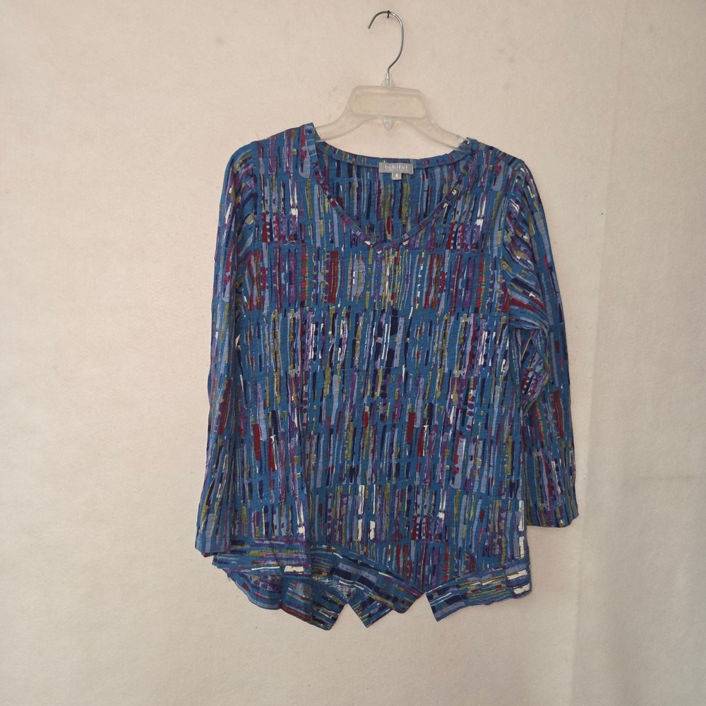 Habitat Abstract V-Neck Top Womens Medium Blue Cotton Sharkbite Hem 27604